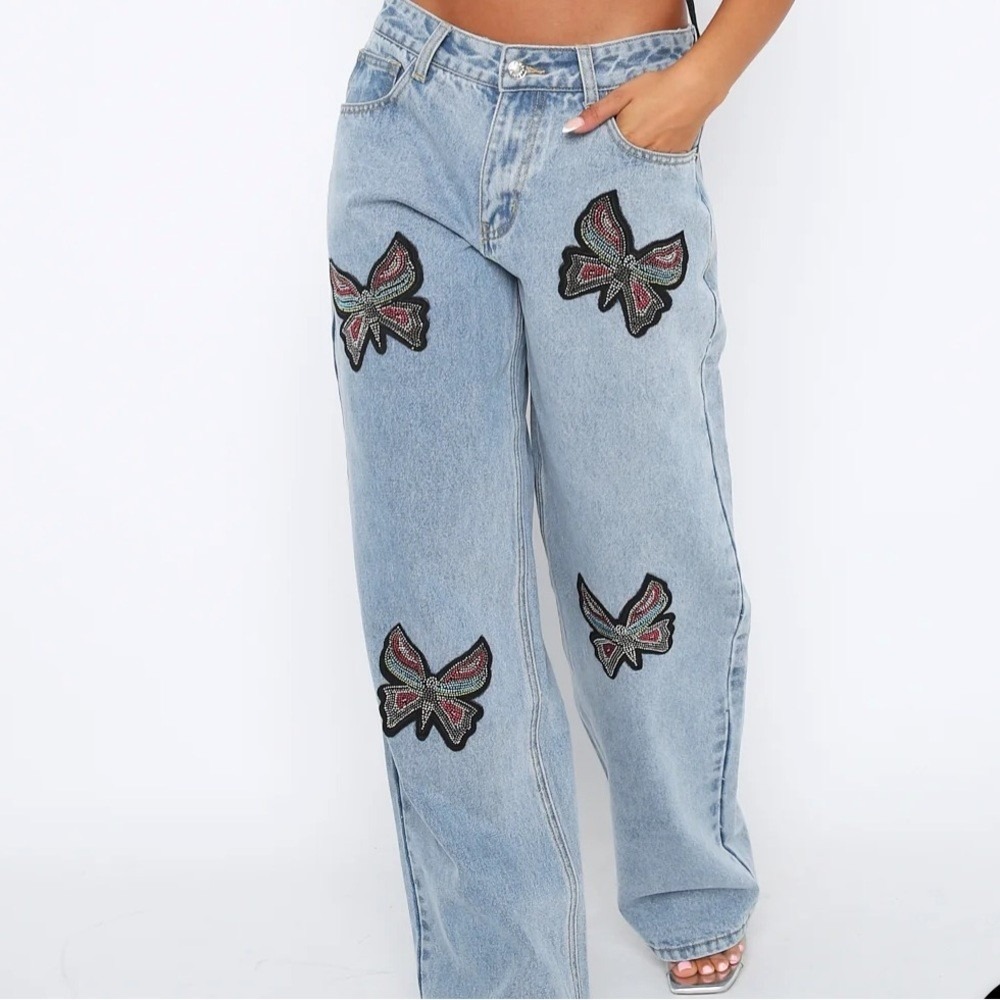 White Fox Boyfriend Wide Leg Jeans S Blue Wash Denim Butterfly Patchwork EUC